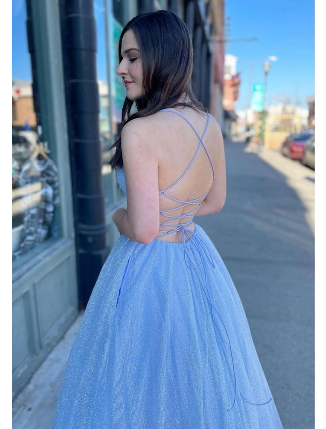 Ball Gown A-Line Prom Dresses Sparkle & Shine Dress Formal Floor Length Sleeveless V Neck Tulle Backless