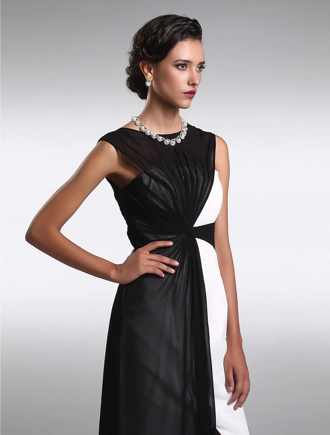 Sheath / Column Little Black Prom Dress Wedding Guest Floor Length Sleeveless Jewel Neck Georgette V Back