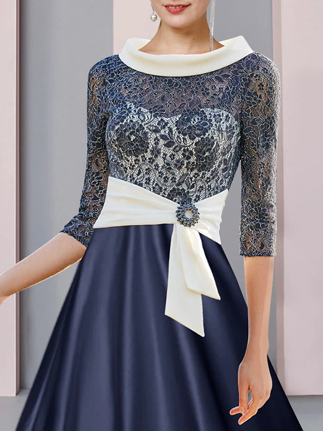 A-Line Mother of the Bride Dress Formal Wedding Guest Party Elegant Bateau Neck Tea Length Satin Lace 3/4 Length Sleeve with Crystal Brooch Ruching