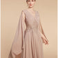 A-Line Mother of the Bride Dress Wedding Guest Elegant V Neck Ankle Length Chiffon Lace Sleeveless with Ruching