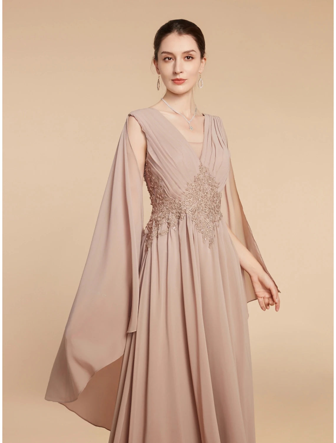 A-Line Mother of the Bride Dress Wedding Guest Elegant V Neck Ankle Length Chiffon Lace Sleeveless with Ruching