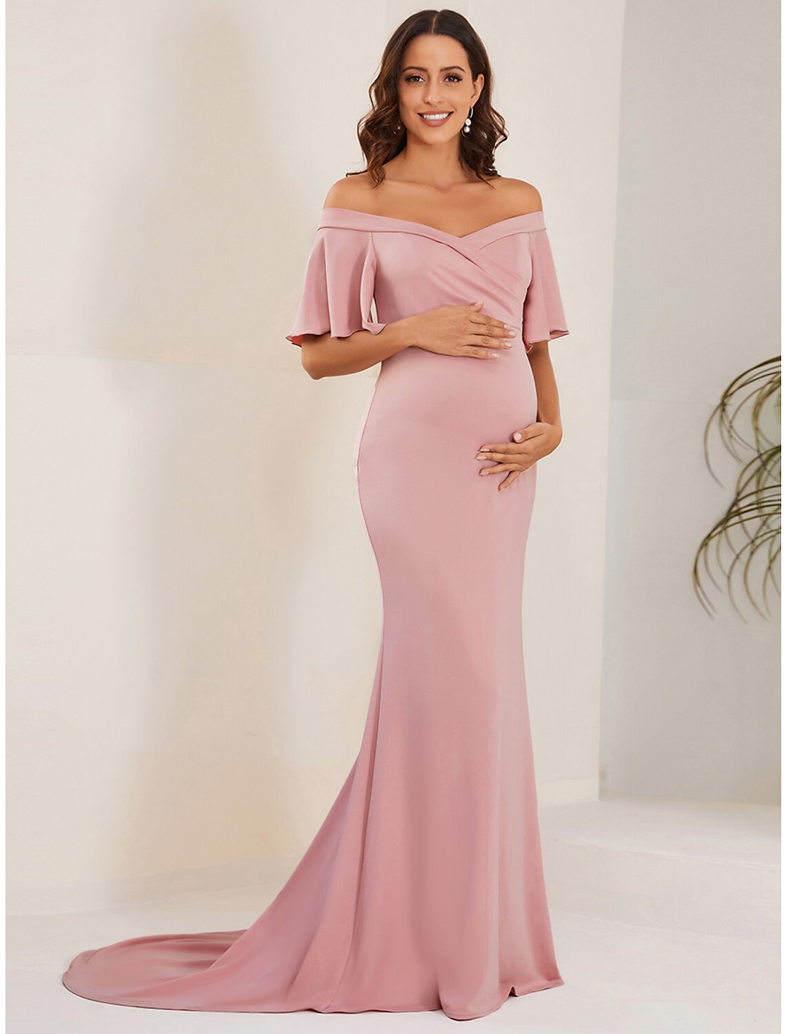 Mermaid / Trumpet Maternity Dresses Maternity Dress Formal Court Train Short Sleeve Off Shoulder Stretch Fabric with Ruched