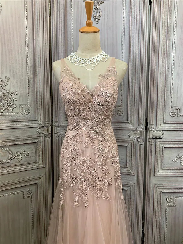 Mermaid / Trumpet Prom Dresses Maxi Dress Party Wear Sweep / Brush Train Sleeveless V Neck Tulle