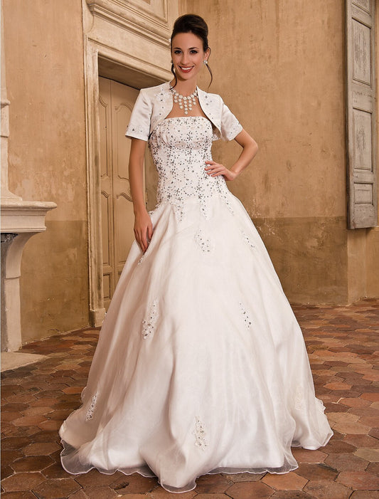 Hall Wedding Dresses Ball Gown Strapless Short Sleeve Floor Length Satin Bridal Gowns With Beading