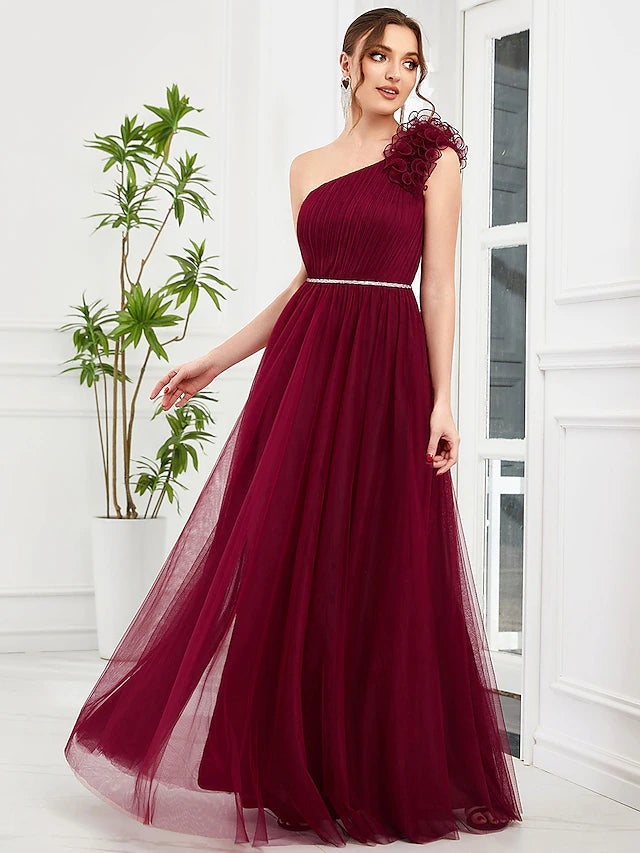 A-Line Prom Dresses Vintage Dress Wedding Party Floor Length Sleeveless One Shoulder Tulle