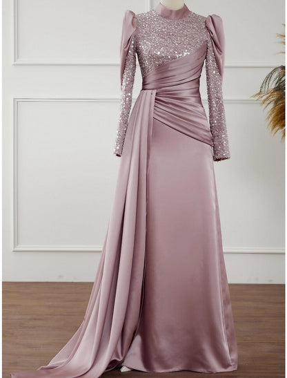 A-Line Evening Gown Sparkle & Shine Dress Formal Sweep / Brush Train Long Sleeve Jewel Neck Satin with Glitter