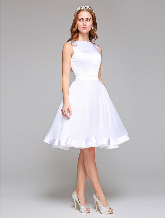 Wedding Dresses A-Line Bateau Neck Regular Straps Knee Length Satin Bridal Gowns With Bowknot Sash