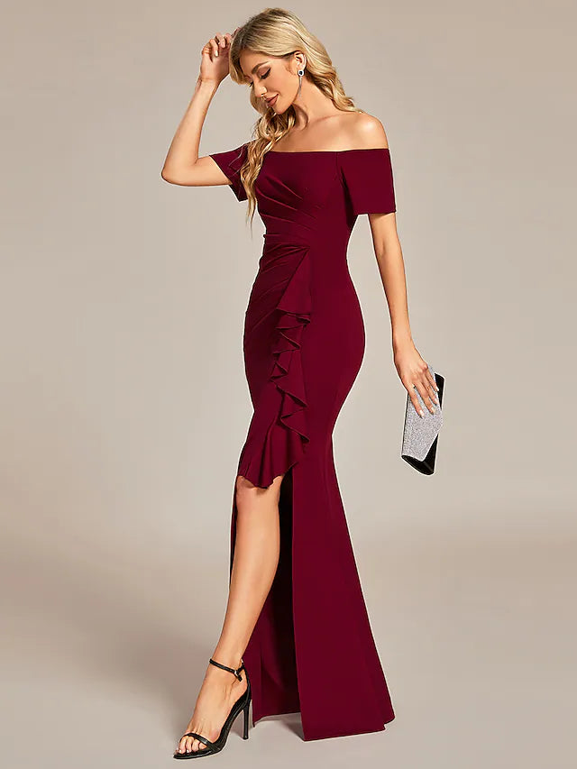 Prom Dress Wedding Guest Dress Long Black Wine Short Sleeve Pure Color Ruched Spring Fall Off Shoulder