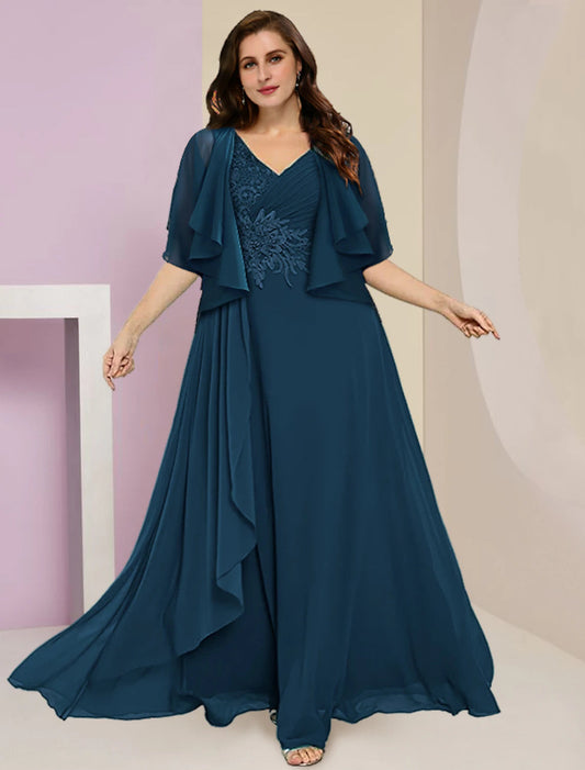 Two Piece A-Line Mother of the Bride Dress Formal Wedding Guest Plus Size Hide Belly Elegant V Neck Floor Length Chiffon Lace Sleeveless with Ruched