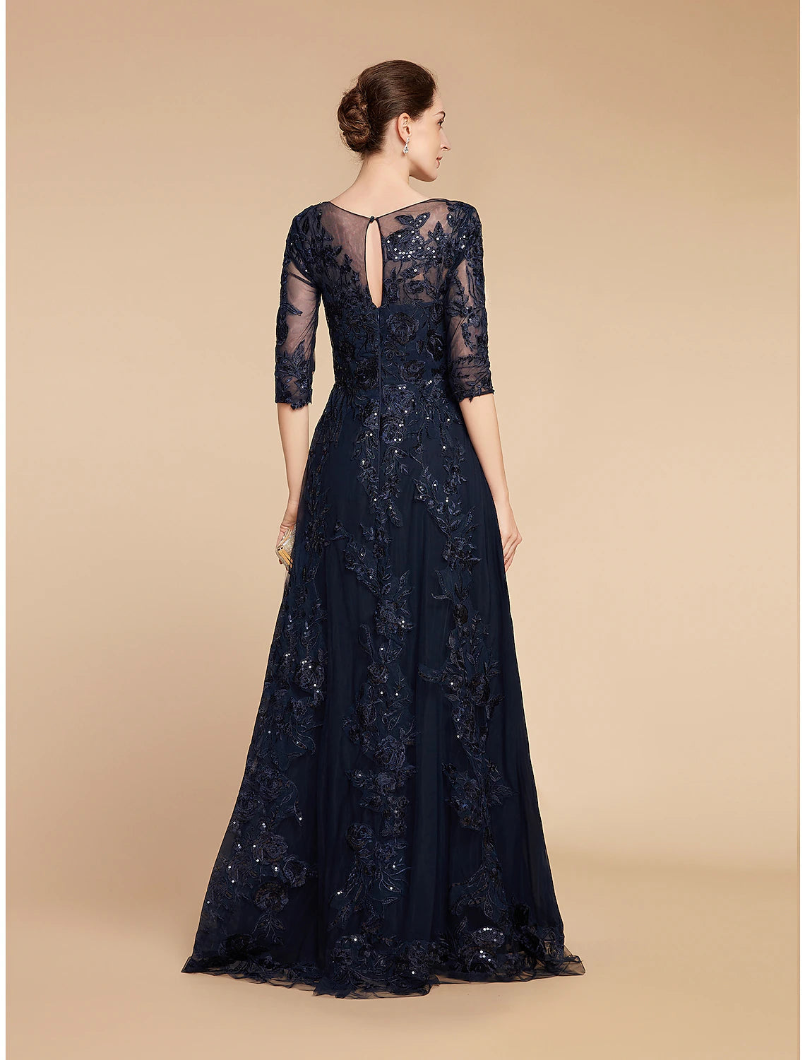 A-Line Mother of the Bride Dress Formal Wedding Guest Elegant Party Scoop Neck Floor Length Chiffon Lace 3/4 Length Sleeve with Sequin