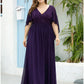 A-Line Mother of the Bride Dress Plus Size Elegant V Neck Floor Length Chiffon Tulle Half Sleeve with Sash