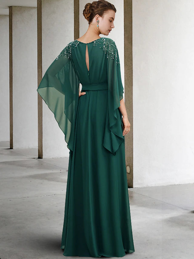 A-Line Mother of the Bride Dress Luxurious Elegant Jewel Neck Floor Length Chiffon Half Sleeve with Sash / Ribbon