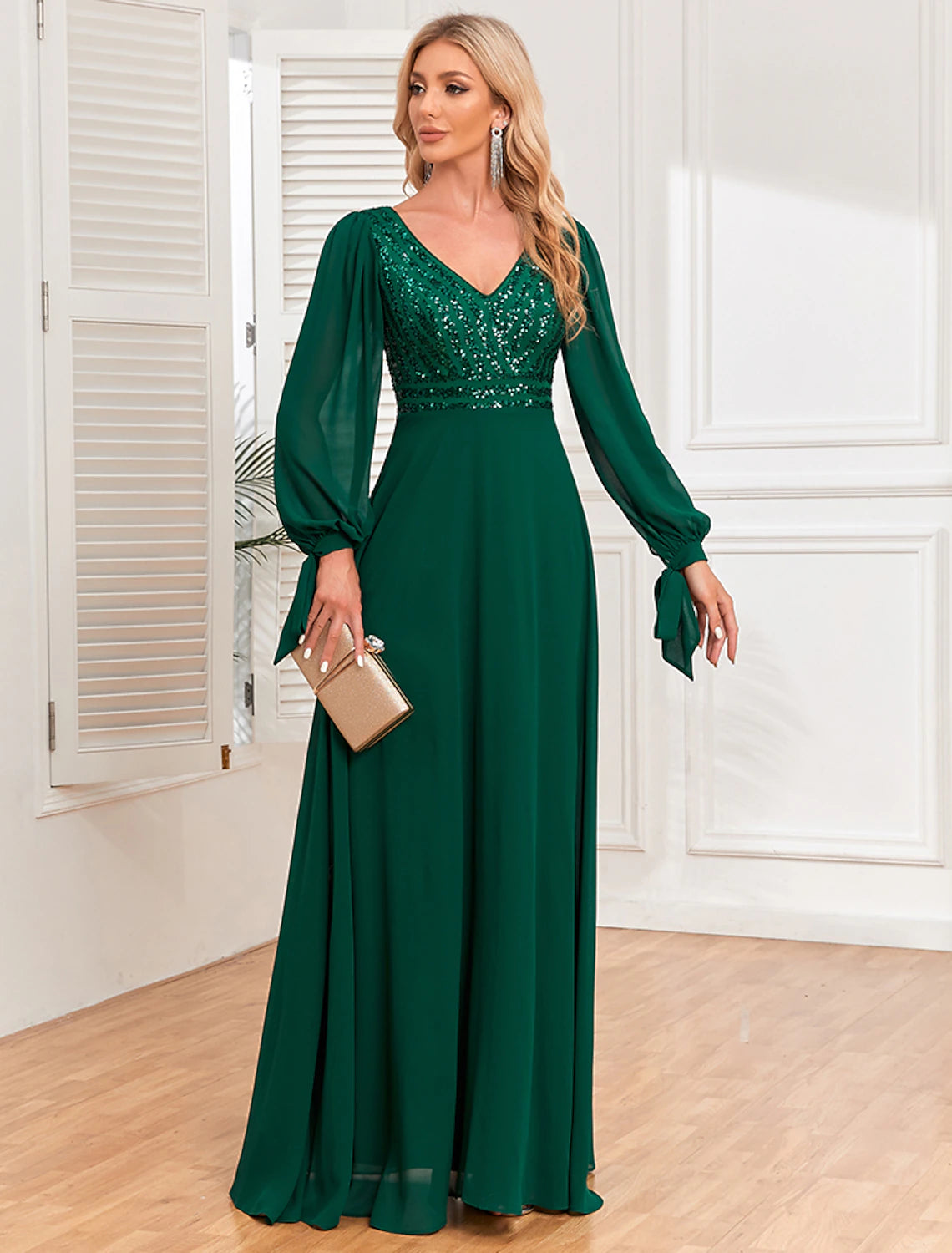 A-Line Evening Gown Empire Dress Evening Party Wedding Reception Floor Length Long Sleeve V Neck Fall Wedding Guest Chiffon V Back