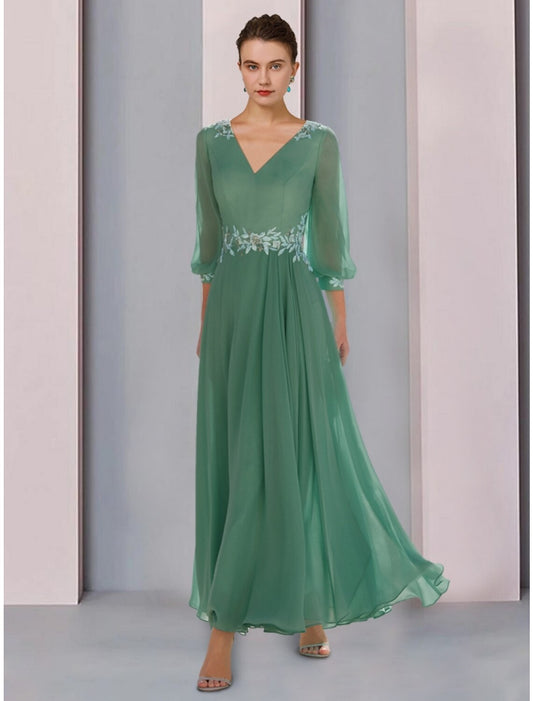 A-Line Mother of the Bride Dress Wedding Guest Elegant V Neck Ankle Length Chiffon Lace 3/4 Length Sleeve with Ruching