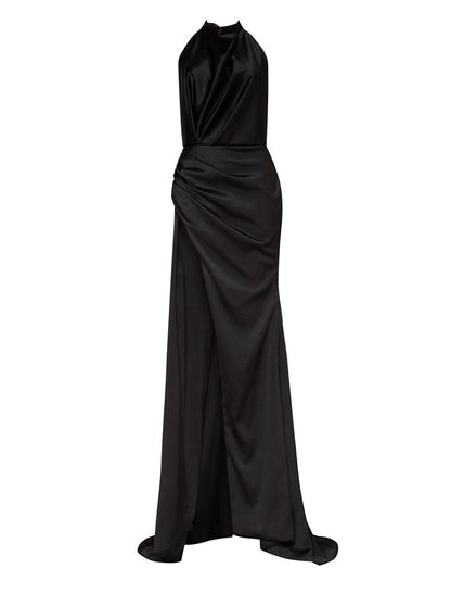 Sheath / Column Prom Dresses Elegant Dress Wedding Guest Court Train Sleeveless Halter Satin with Slit