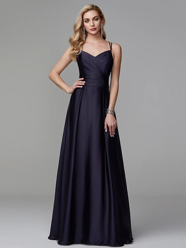 A-Line Prom Dresses Beautiful Back Dress Evening Party Floor Length Sleeveless Spaghetti Strap Satin Crisscross Back with Beading