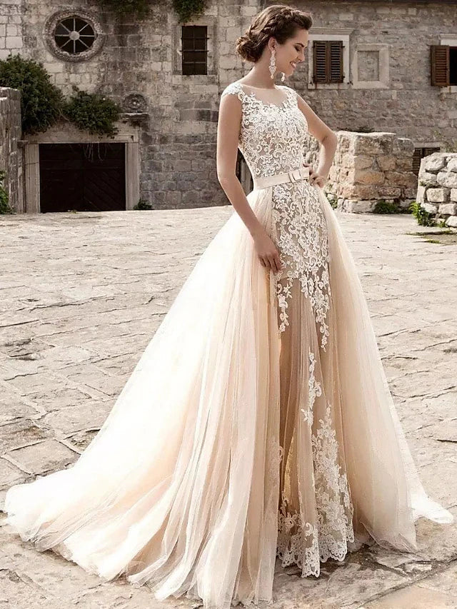 Engagement Formal Wedding Dresses Court Train Mermaid / Trumpet Cap Sleeve Illusion Neck Lace