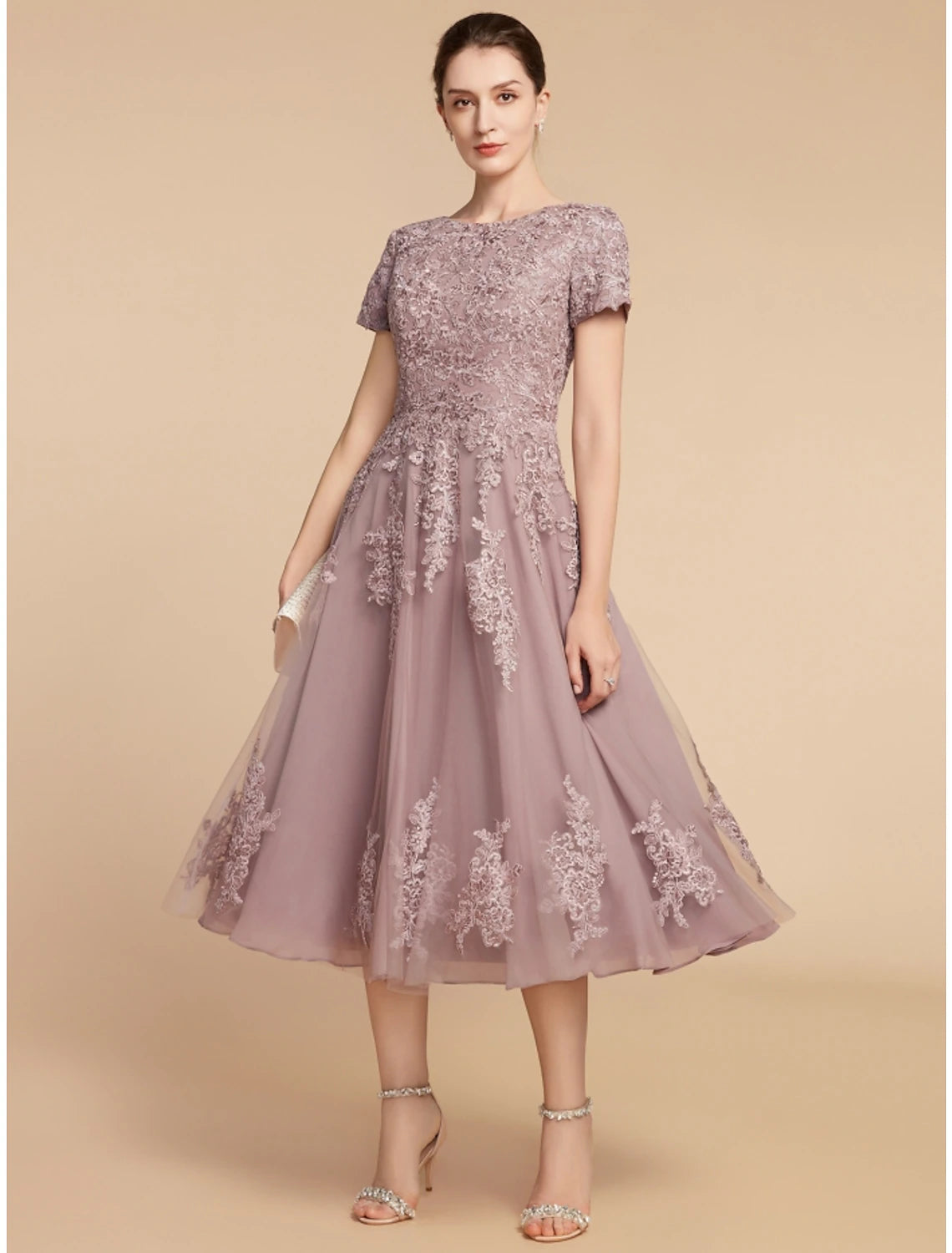 A-Line Mother of the Bride Dress Wedding Guest Elegant Petite Jewel Neck Tea Length Lace Tulle Short Sleeve