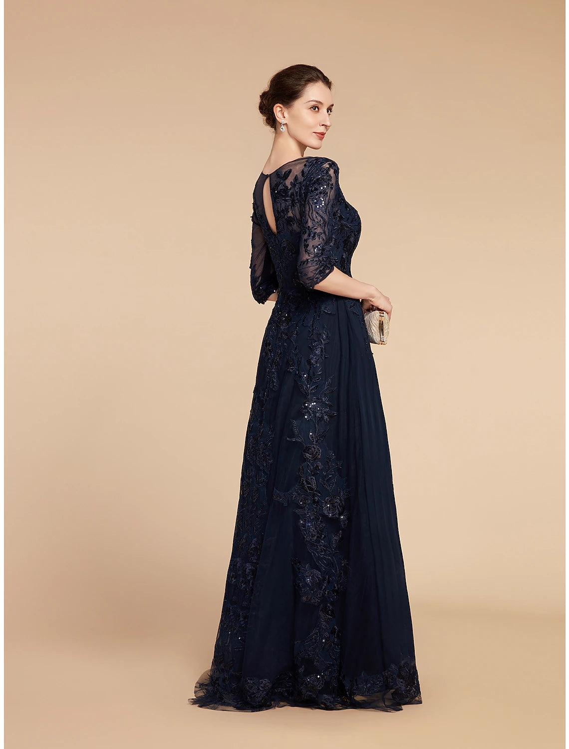 A-Line Mother of the Bride Dress Formal Wedding Guest Elegant Party Scoop Neck Floor Length Chiffon Lace 3/4 Length Sleeve with Sequin