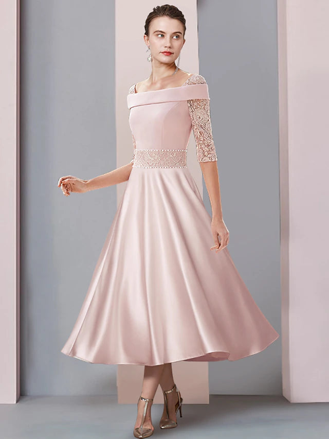 A-Line Mother of the Bride Dress Formal Wedding Guest Elegant Square Neck Tea Length Satin Lace Half Sleeve