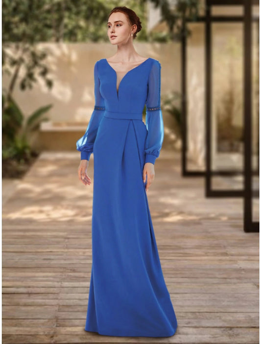 Sheath / Column Evening Gown Elegant Dress Formal Floor Length Long Sleeve V Neck Stretch Chiffon