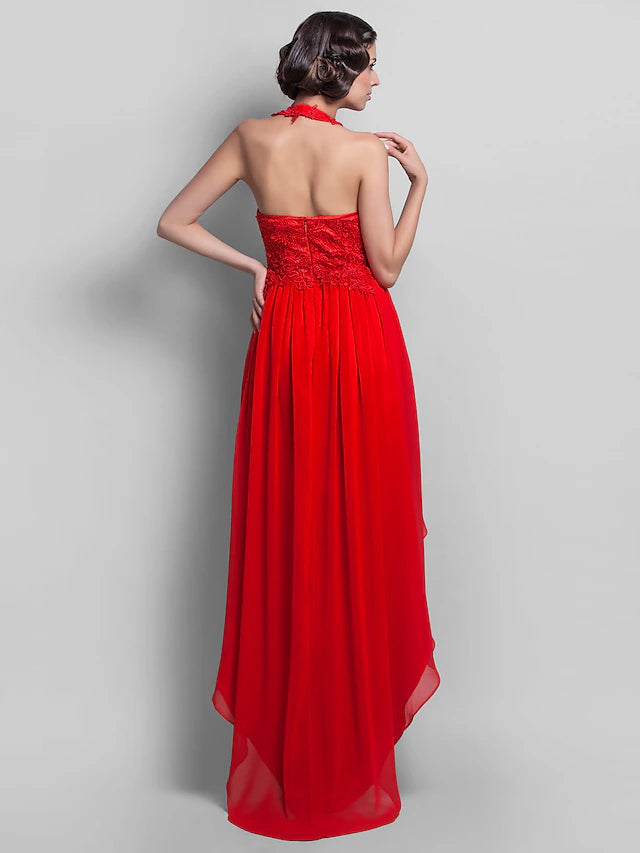 Sheath / Column Elegant Dress Wedding Guest Asymmetrical Sleeveless Halter Chiffon Backless