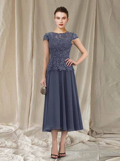 A-Line Mother of the Bride Dress Elegant Jewel Neck Tea Length Chiffon Lace Short Sleeve with Pleats