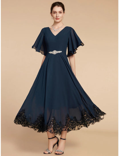 A-Line Mother of the Bride Dress Wedding Guest Elegant Vintage V Neck Ankle Length Chiffon Lace Short Sleeve with Crystal Brooch Ruching