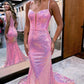 Mermaid / Trumpet Prom Dresses Sparkle & Shine Dress Formal Court Train Sleeveless Spaghetti Strap Sequined V Back