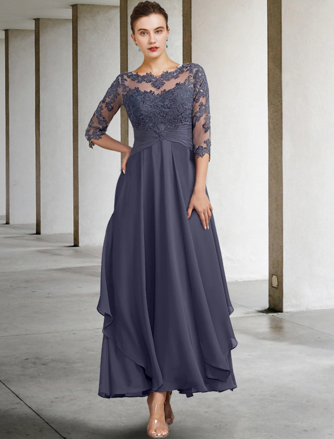 A-Line Mother of the Bride Dress Plus Size Elegant Jewel Neck Ankle Length Chiffon Lace Half Sleeve with Ruched Ruffles