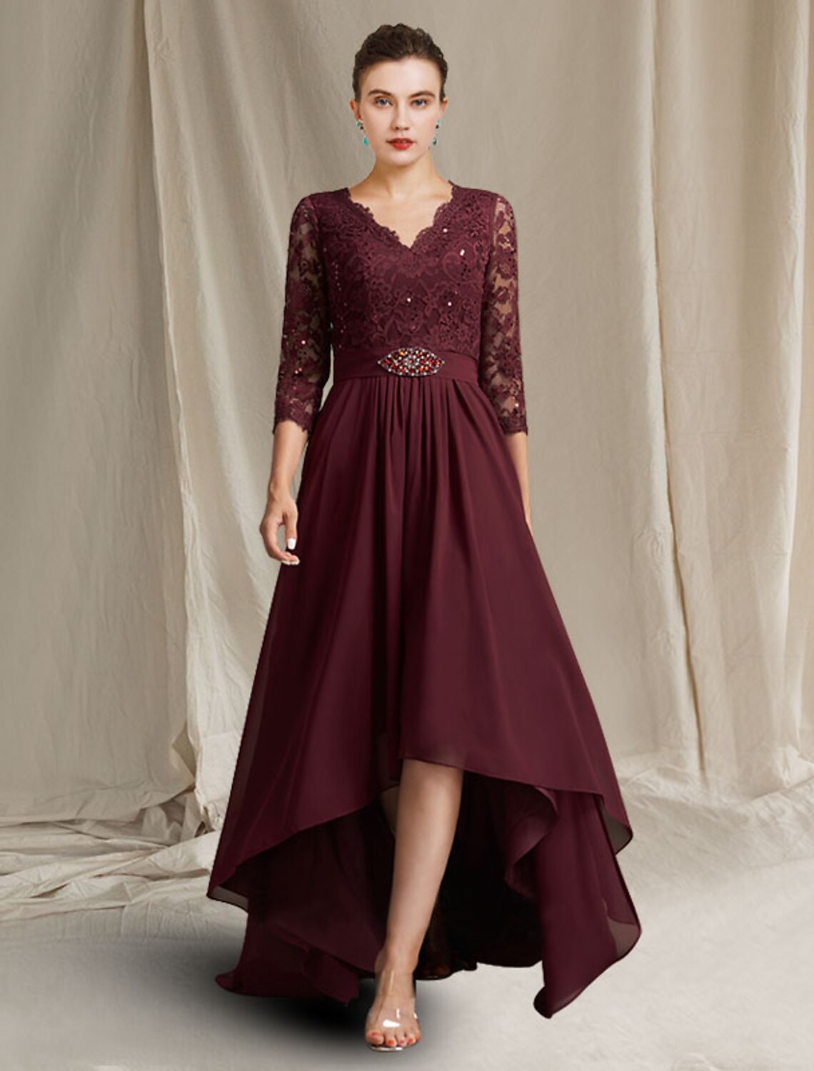 A-Line Mother of the Bride Dress Plus Size Elegant High Low V Neck Asymmetrical Floor Length Chiffon Lace 3/4 Length Sleeve with Pleats Appliques Crystal