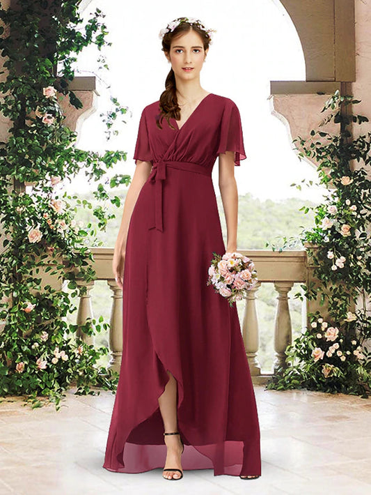 A-Line Bridesmaid Dress V Neck Short Sleeve Elegant Asymmetrical / Floor Length Chiffon