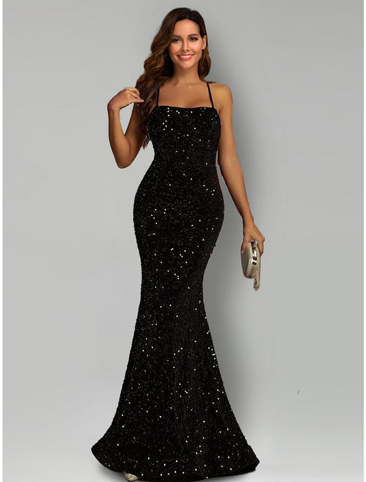 Mermaid / Trumpet Evening Gown Sparkle & Shine Dress Formal Black Tie Sweep / Brush Train Sleeveless Halter Neck Sequined
