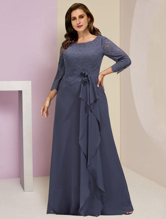 Mother of the Bride Dresses Plus Size Curve Hide Belly Wedding Guest Party Elegant Scoop Neck Floor Length Chiffon Lace 3/4 Length Sleeve with Ruffles