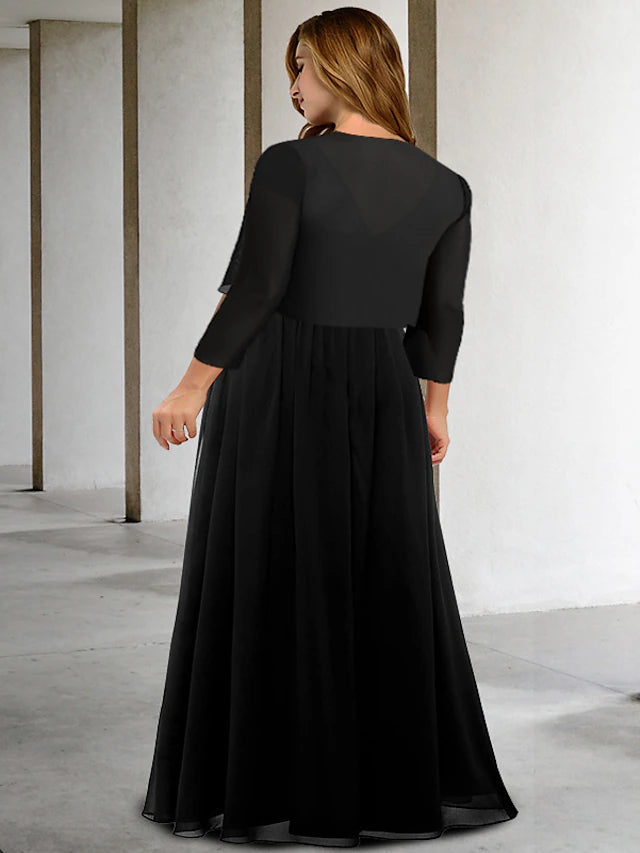 Two Piece A-Line Plus Size Curve Mother of the Bride Dresses Elegant Dress Formal Floor Length Short Sleeve V Neck Chiffon