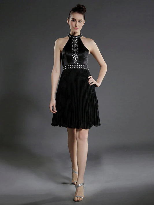 Ball Gown Little Black Dress Dress Holiday Knee Length Sleeveless High Neck Chiffon with Pleats