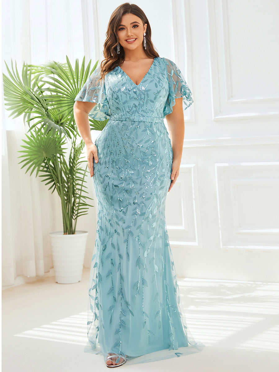 Mermaid / Trumpet Evening Gown Sparkle Dress Formal Floor Length Short Sleeve V Neck Fall Wedding Guest Tulle