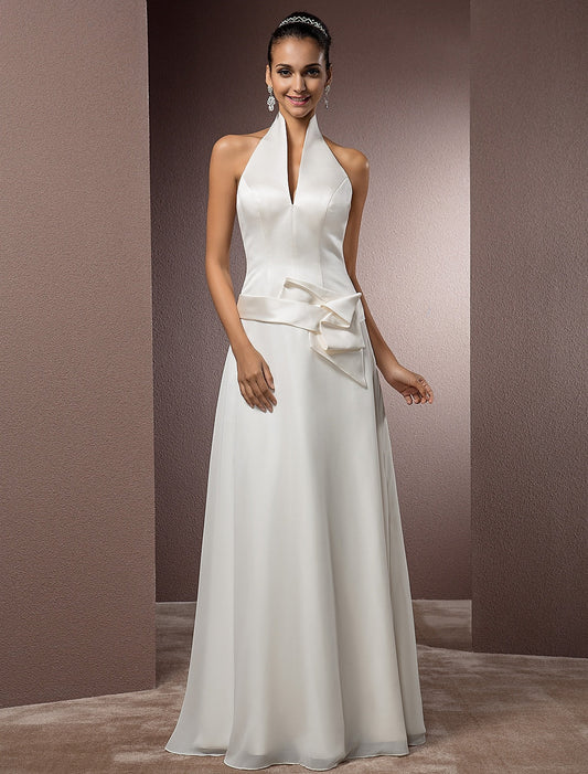 Hall Wedding Dresses Sheath / Column Halter Sleeveless Floor Length Satin Bridal Gowns With Sash