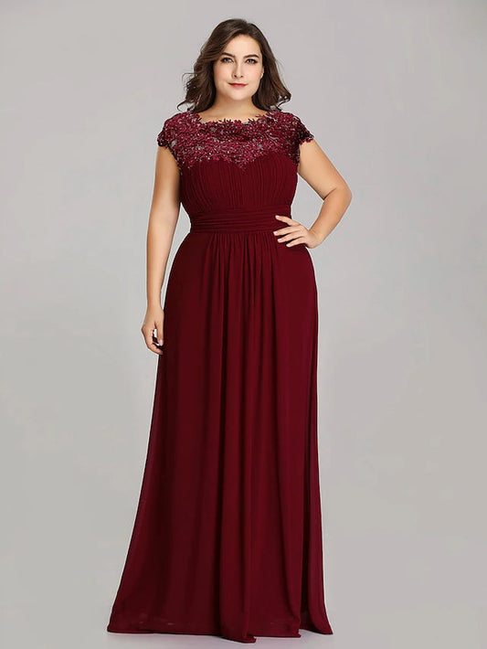 A-Line Mother of the Bride Dress Plus Size Jewel Neck Floor Length Chiffon Short Sleeve with Lace