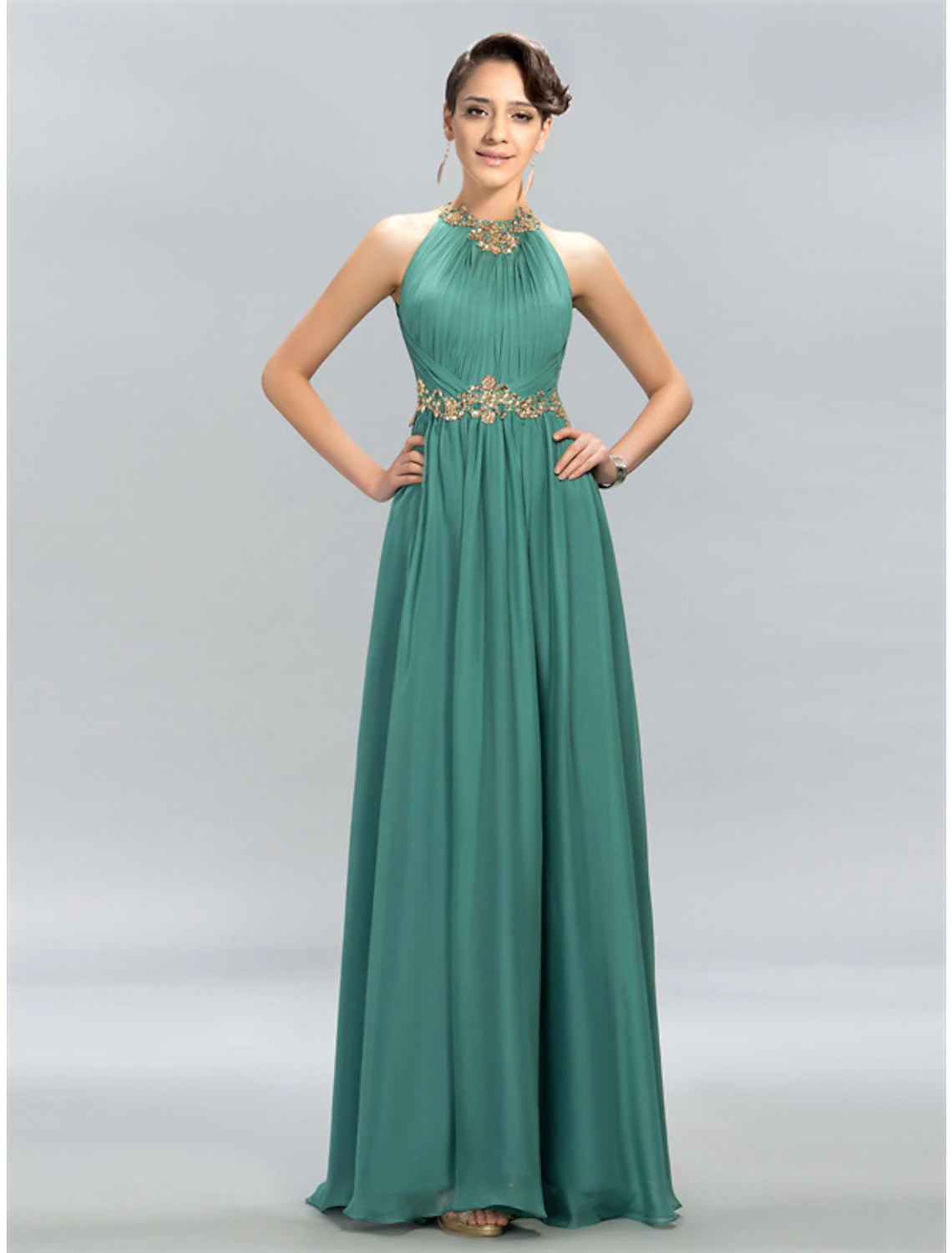 A-Line Wedding Guest Dresses Maxi Dress Party Wear Wedding Party Floor Length Sleeveless Halter Neck Chiffon with Ruched