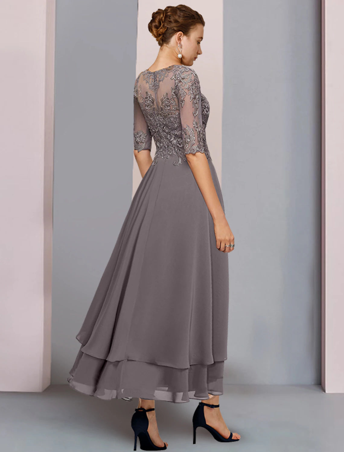 A-Line Mother of the Bride Dress Formal Wedding Guest Elegant Scoop Neck Asymmetrical Tea Length Chiffon Lace 3/4 Length Sleeve with Beading Tier