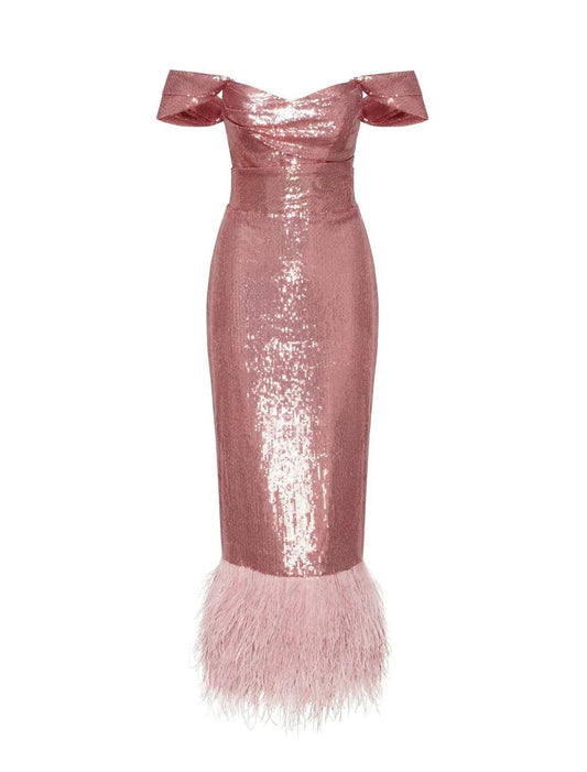 Sheath / Column Homecoming Dresses Sparkle & Shine Dress Party Wear Tea Length Sleeveless Off Shoulder Sequined with Feather