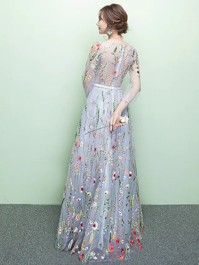 A-Line Elegant Sparkle & Shine Formal Evening Dress Jewel Neck 3/4 Length Sleeve Floor Length Lace