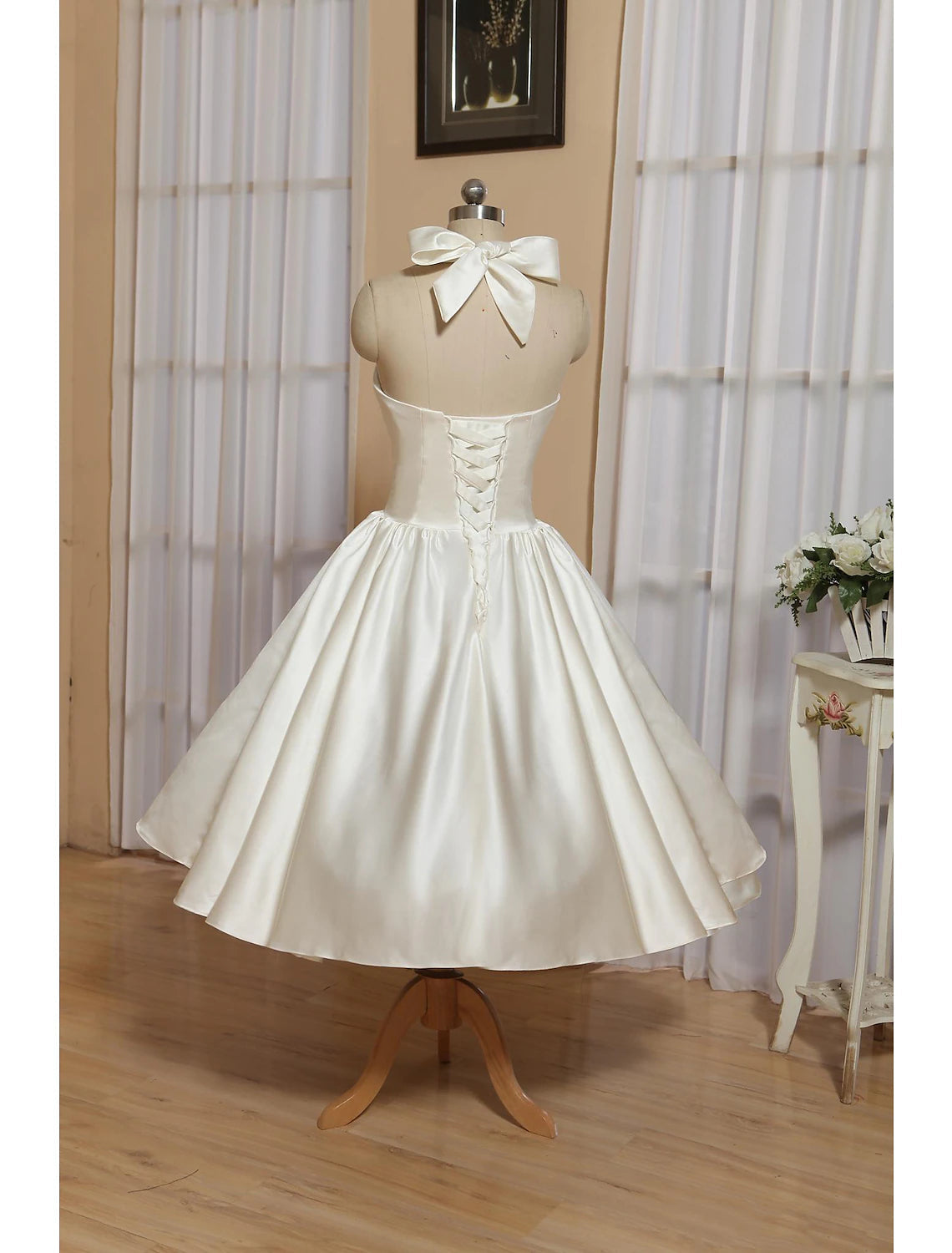 Reception Little White Dresses Wedding Dresses A-Line Halter Sleeveless Tea Length Satin Bridal Gowns With Bow(s)