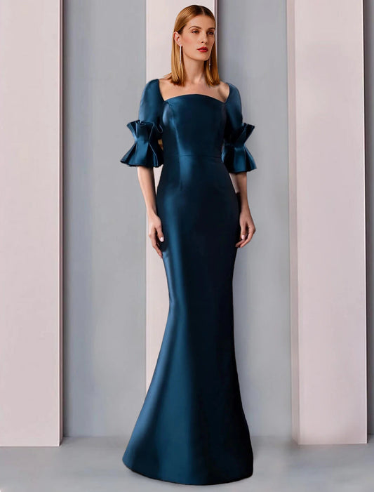 Sheath / Column Mother of the Bride Dress Formal Wedding Guest Party Elegant Square Neck Floor Length Satin Half Sleeve