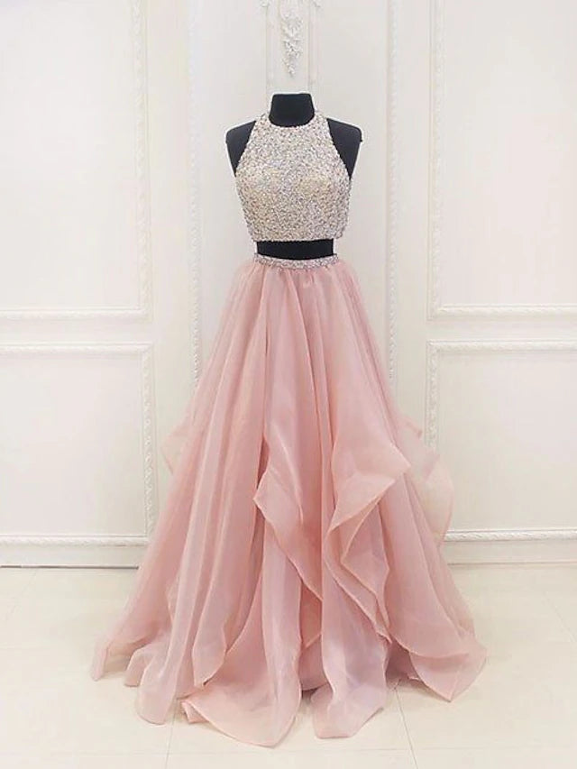 Two Piece Ball Gown Prom Dresses Sparkle & Shine Dress Party Wear Floor Length Sleeveless Halter Organza