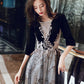 A-Line Glittering Cut Out Party Wear Formal Evening Dress Illusion Neck Half Sleeve Floor Length Velvet with Sequin