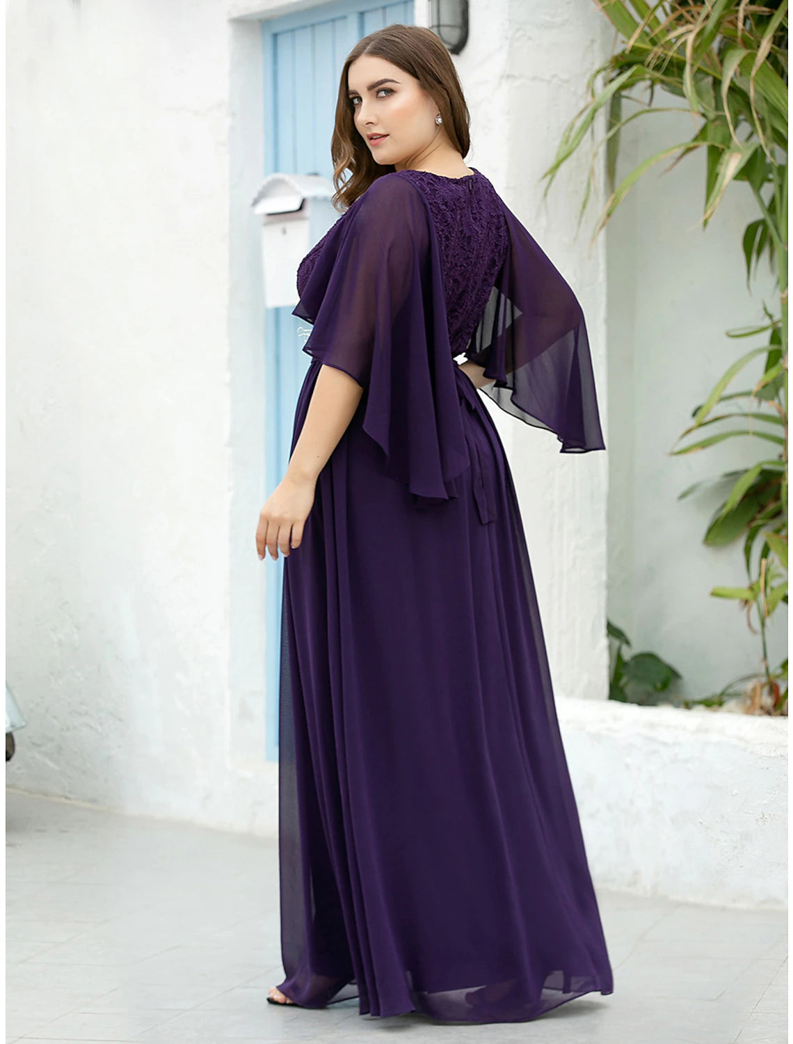 A-Line Mother of the Bride Dress Plus Size Elegant V Neck Floor Length Chiffon Tulle Half Sleeve with Sash