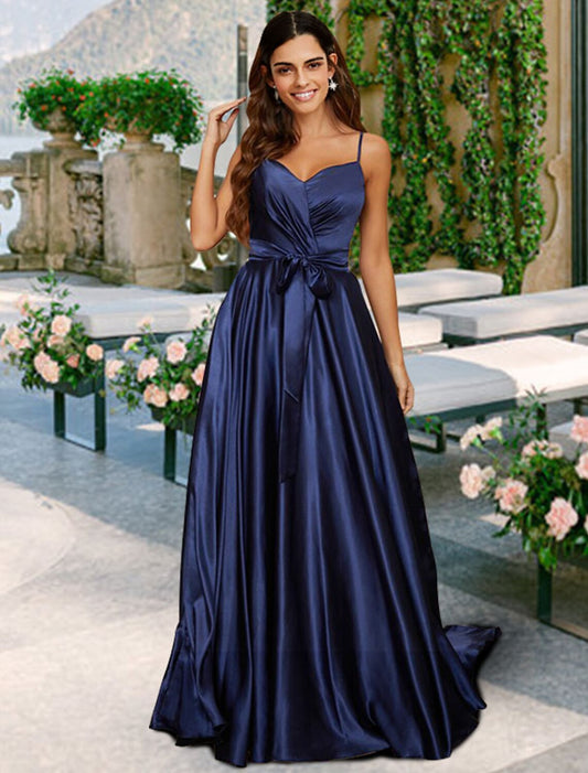 A-Line Bridesmaid Dress V Neck / Spaghetti Strap Sleeveless Sexy Floor Length Charmeuse with Bow(s)