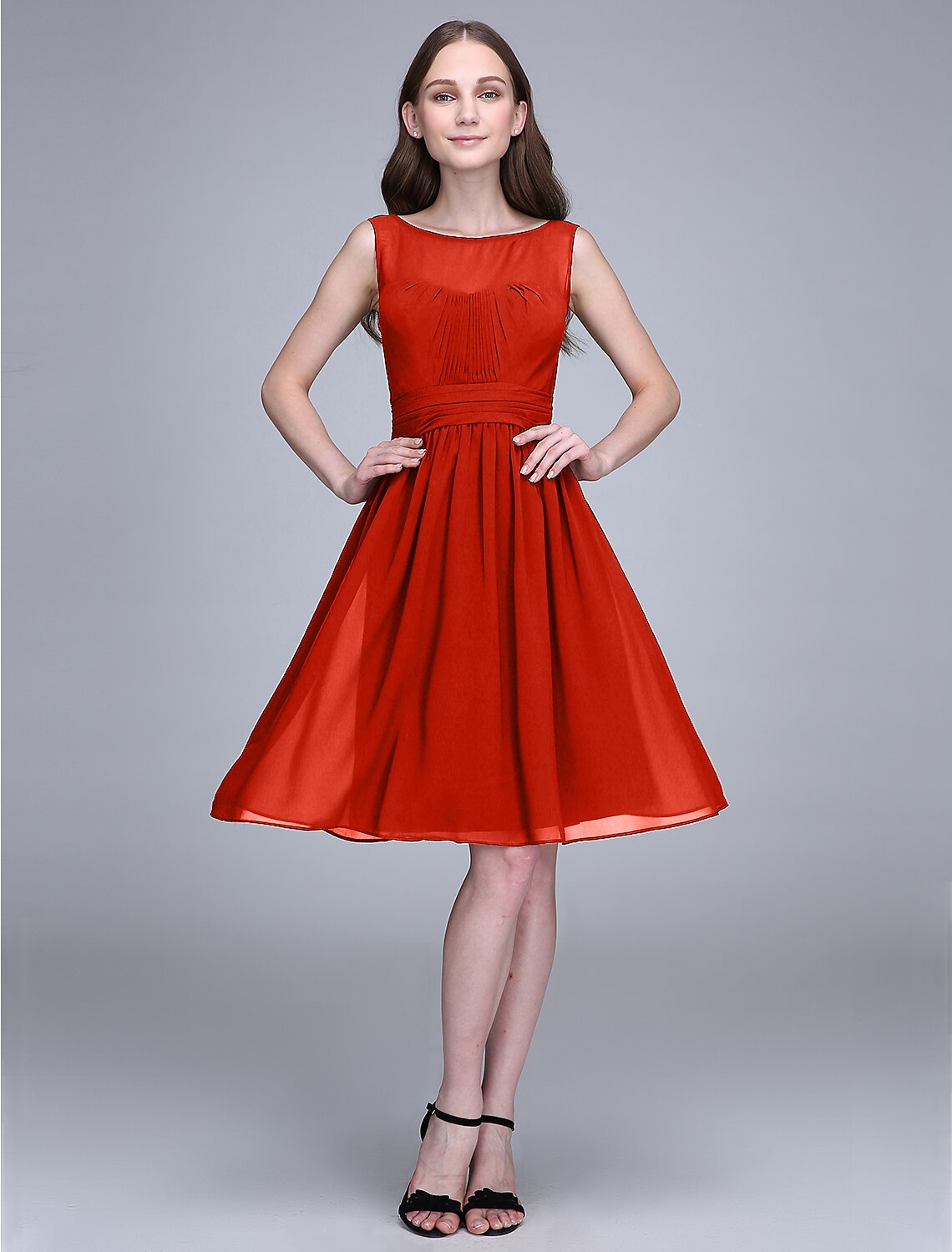 Bridesmaid Dress Jewel Neck Sleeveless Knee Length Chiffon with Ruched